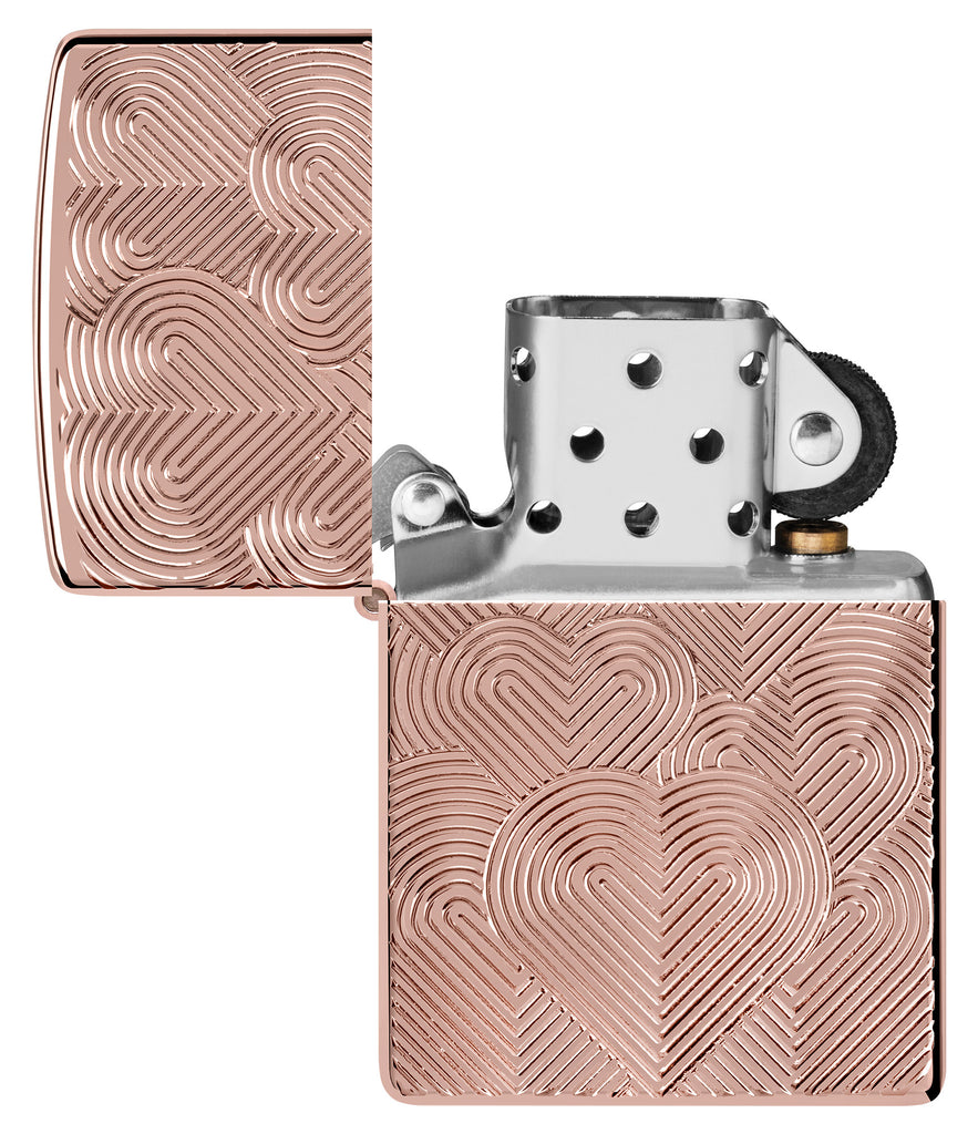 Zippo Hearts Armor High Polish Rose Gold Windproof Lighter with its lid open and unlit.