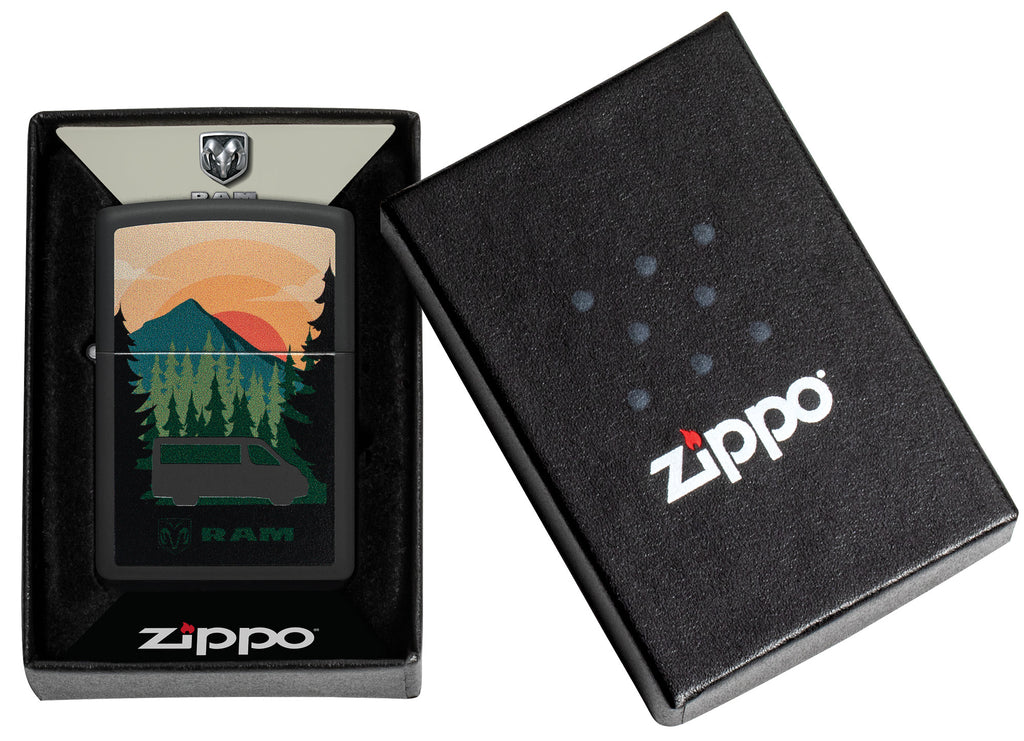 Zippo RAM Black Matte Windproof Lighter in its packaging.