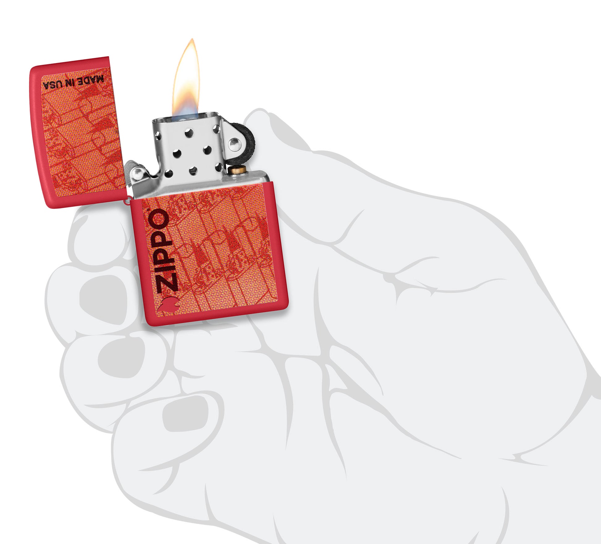 Zippo Made in USA Design Red Matte Windproof Lighter lit in hand.