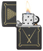 Zippo Billiards Design Black Crackle Windproof Lighter with its lid open and lit.