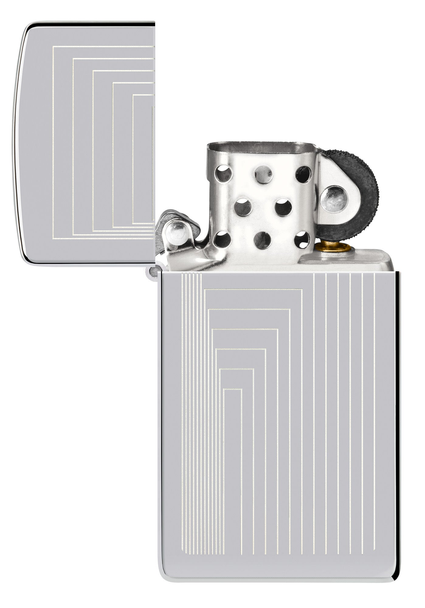 Zippo SlimÂ® Laser Pattern Design High Polish Chrome Windproof Lighter with its lid open and unlit.