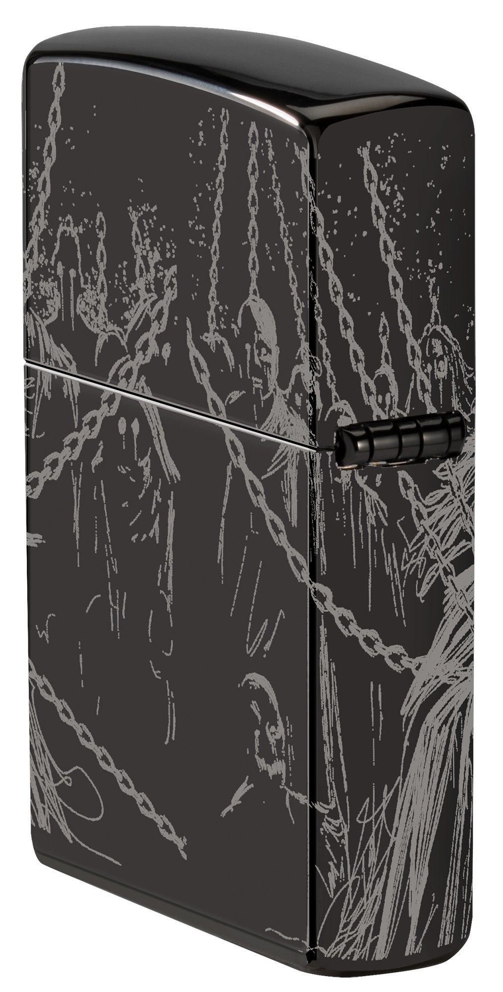 Angled shot of Zippo Skull King Design High Polish Black Windproof Lighter showing the back and hinge side of the lighter.