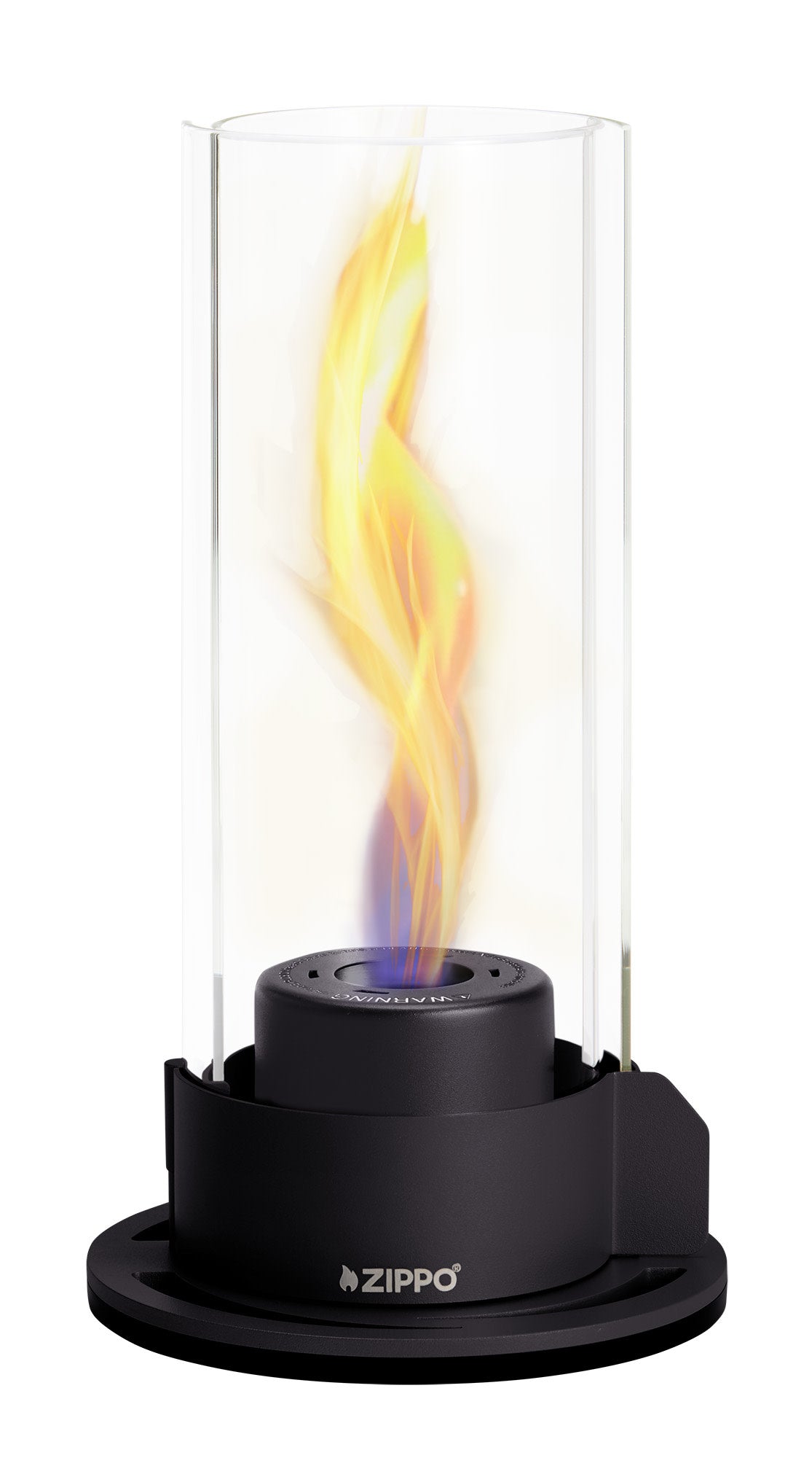 Front view of Zippo FlameScapesâ„¢ Spiral Fire Feature in black lit.