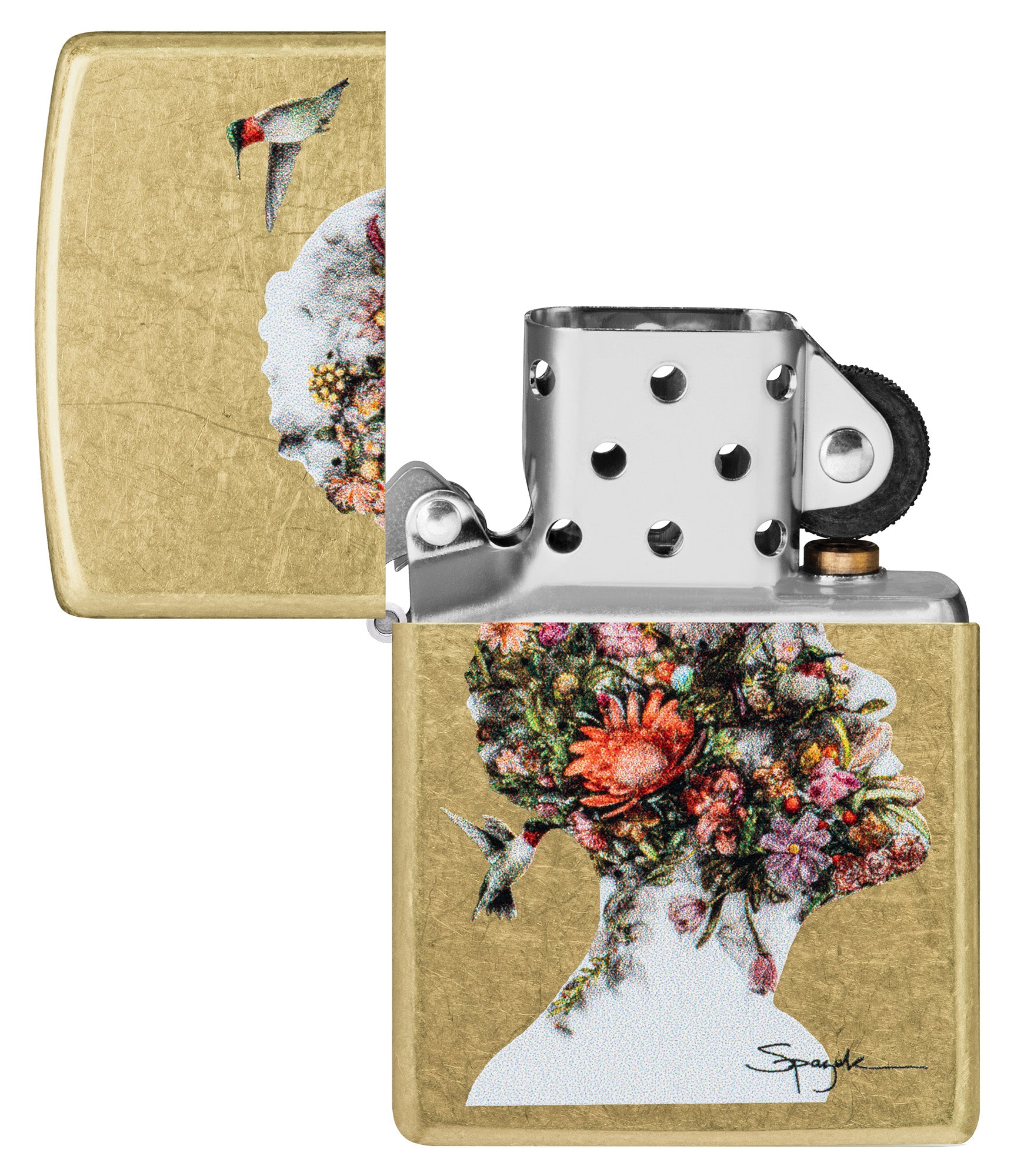Zippo Spazuk Hummingbirds Design Street Brass Windproof Lighter with its lid open and unlit.
