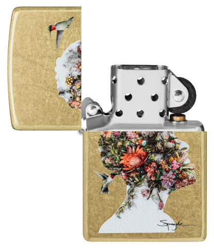 Zippo Spazuk Hummingbirds Design Street Brass Windproof Lighter with its lid open and unlit.