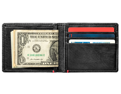 Black Leather Wallet With Skull Metal Plate cash strap inside full