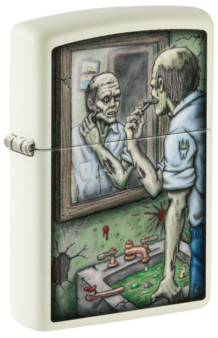 Front shot of Zippo Shaving Zombie Glow In The Dark Windproof Lighter standing at a 3/4 angle.