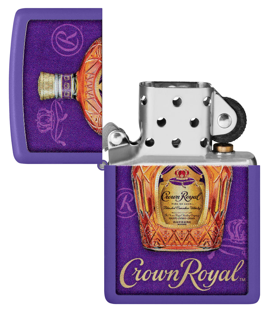 Zippo Crown Royal Design Purple Matte Windproof Lighter with its lid open and unlit.
