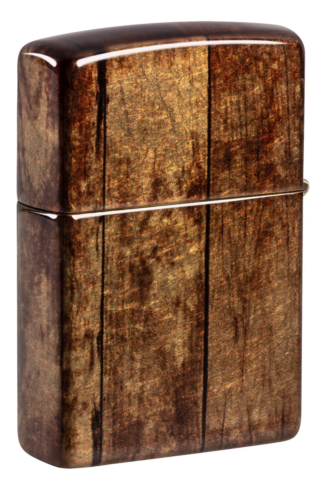 Back shot of Zippo Jack Daniel'sÂ® Barrel Design 540 Tumbled Brass Windproof Lighter standing at a 3/4 angle.