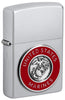 Front view of Zippo United States Marines Emblem Satin Chrome Windproof Lighter standing at a 3/4 angle.