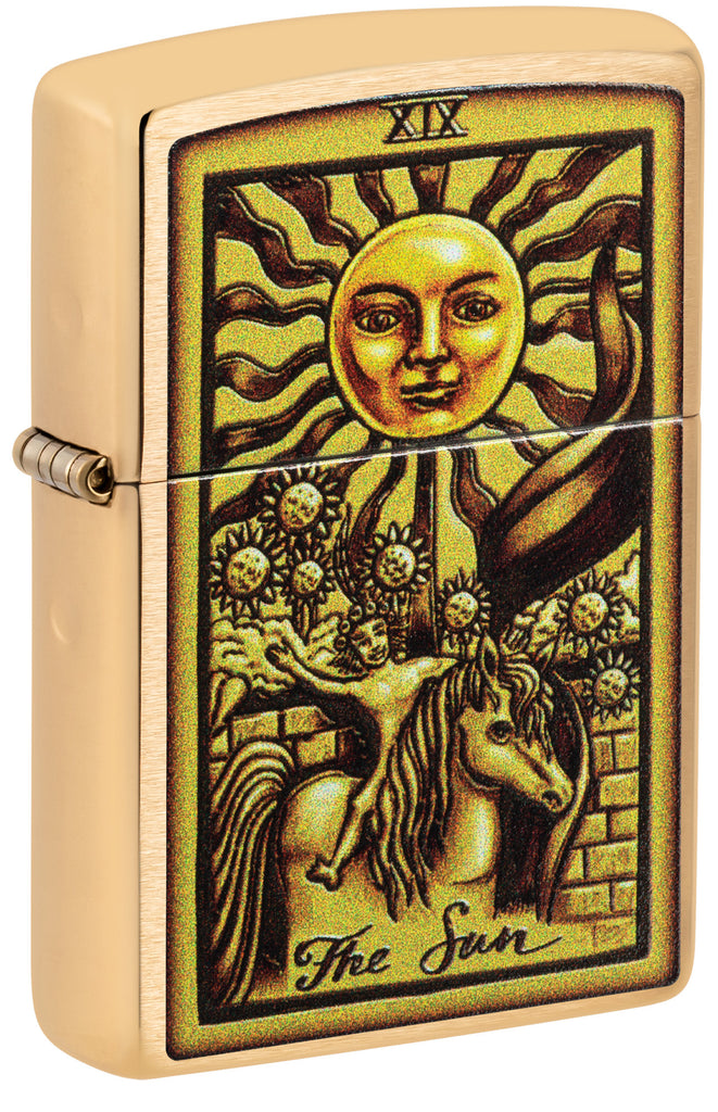 Front shot of Zippo Tarot Card Brushed Brass Windproof Lighter standing at a 3/4 angle.