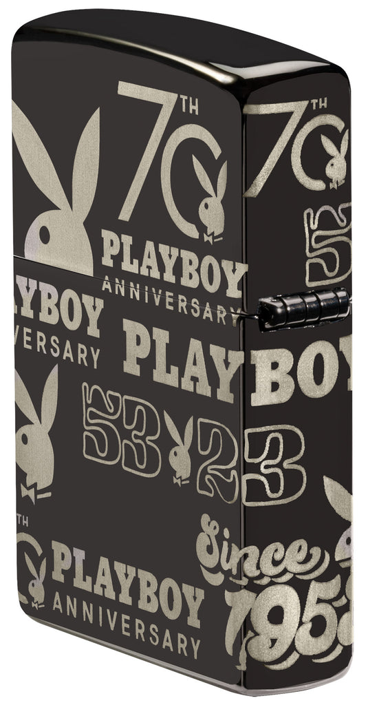 Angled shot of Zippo Playboy 70th Anniversary High Polish Black Windproof Lighter showing the back and hinge side of the lighter.