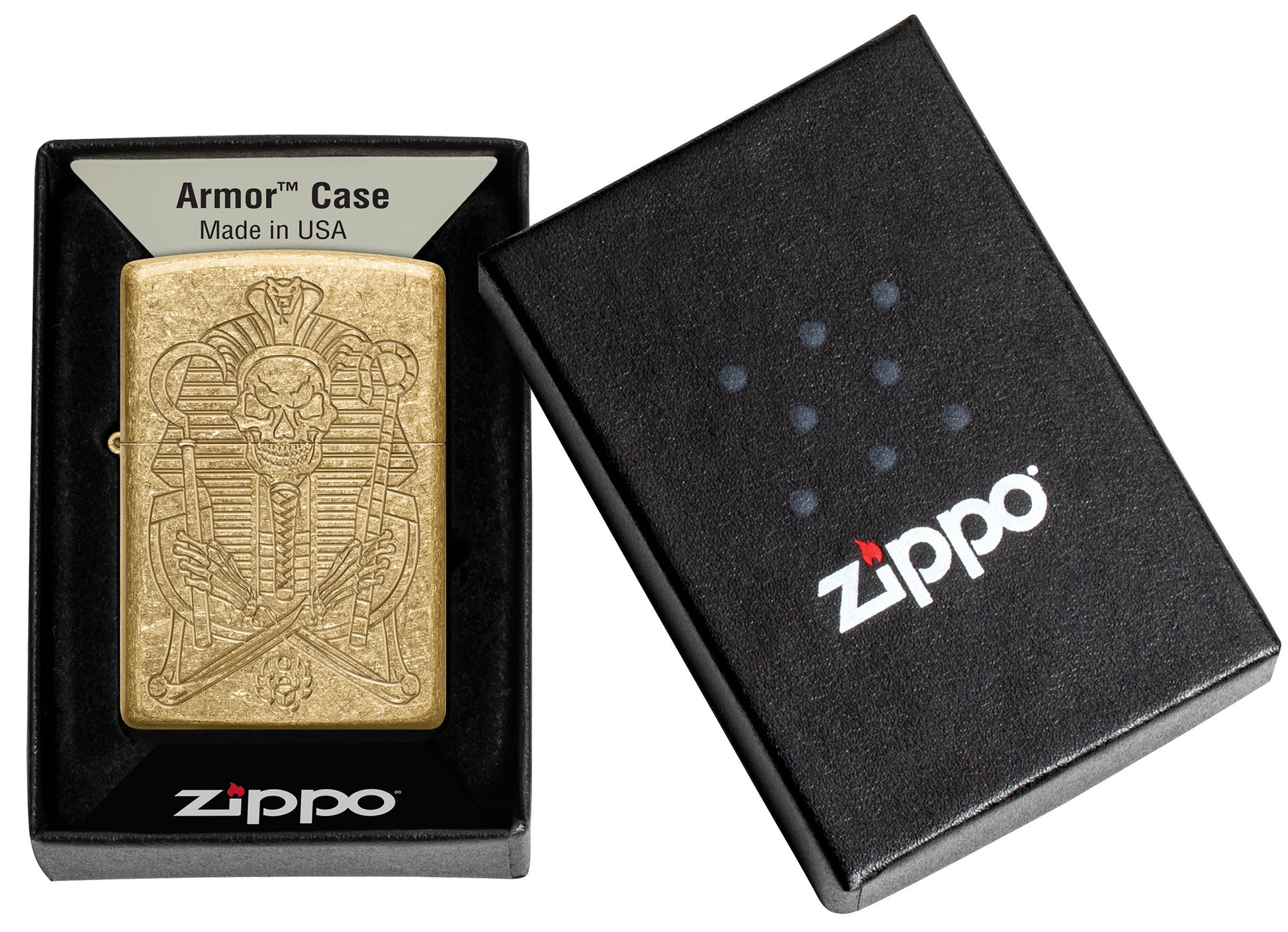 Zippo Mummy Design ArmorÂ® Tumbled Brass Windproof Lighter in its packaging.