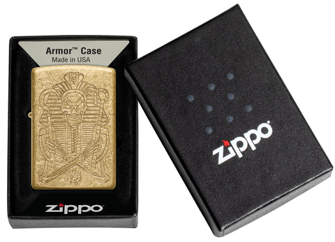 Zippo Mummy Design Armor® Tumbled Brass Windproof Lighter in its packaging.
