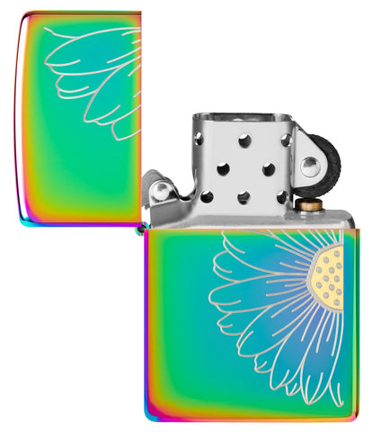 Zippo Daisy Design Multi Color Windproof Lighter with its lid open and unlit.