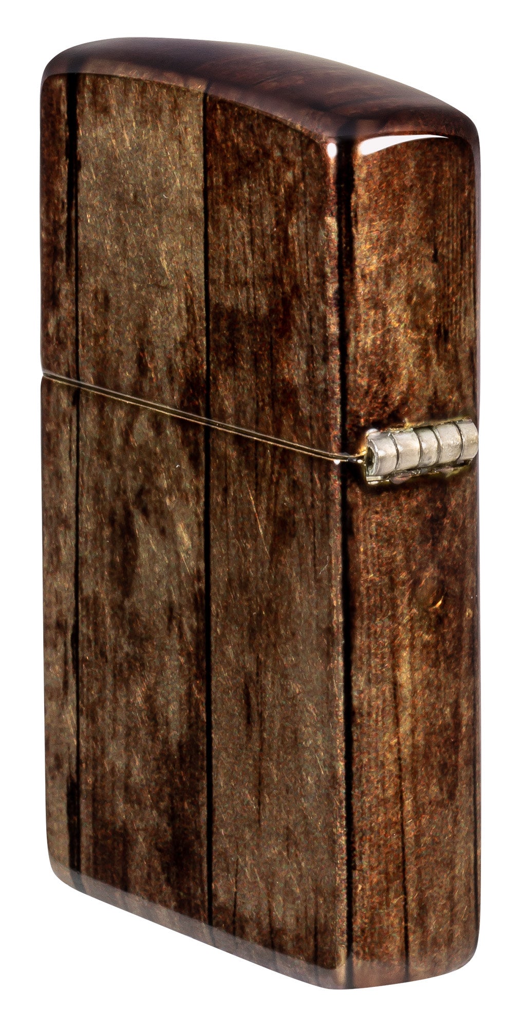 Angled shot of Zippo Jack Daniel'sÂ® Barrel Design 540 Tumbled Brass Windproof Lighter showing the back and hinge side of the lighter.