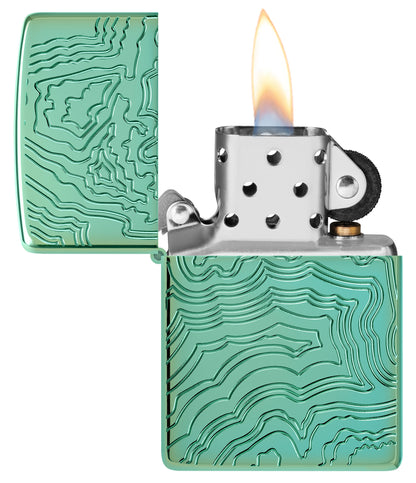 Zippo Map Armor High Polish Green Windproof Lighter with its lid open and lit.