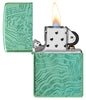 Zippo Map Armor High Polish Green Windproof Lighter with its lid open and lit.