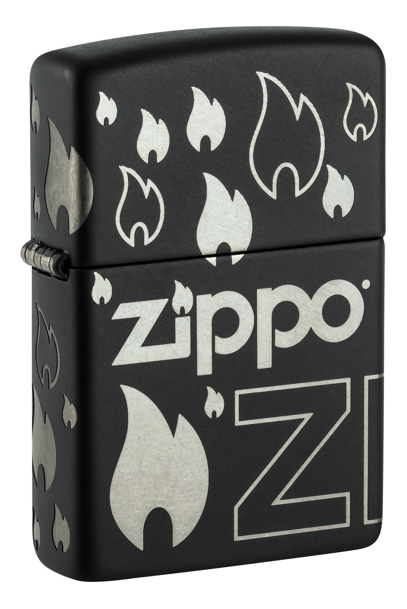 Front shot of Zippo Design Black Matte with Chrome Windproof Lighter standing at a 3/4 angle.