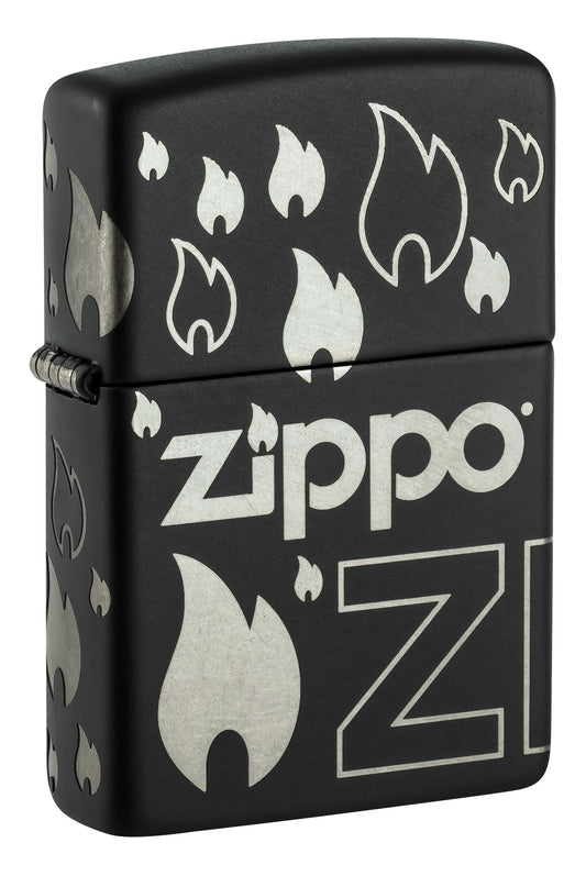 Front shot of Zippo Design Black Matte with Chrome Windproof Lighter standing at a 3/4 angle.