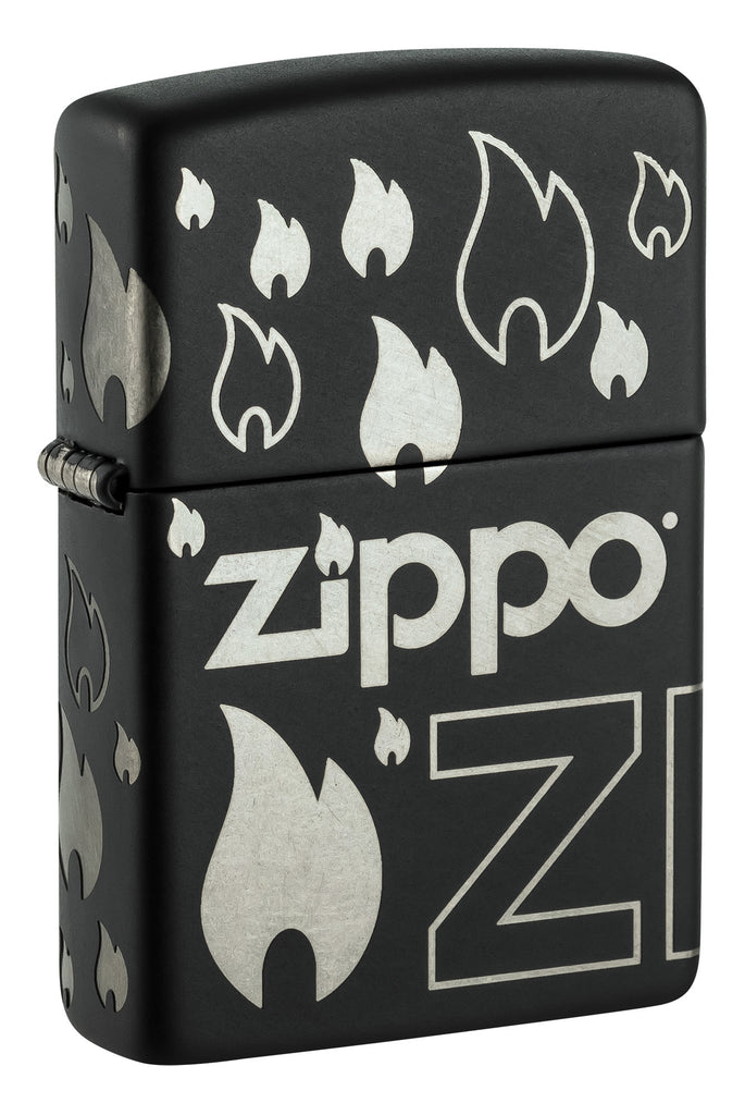 Front shot of Zippo Design Black Matte with Chrome Windproof Lighter standing at a 3/4 angle.
