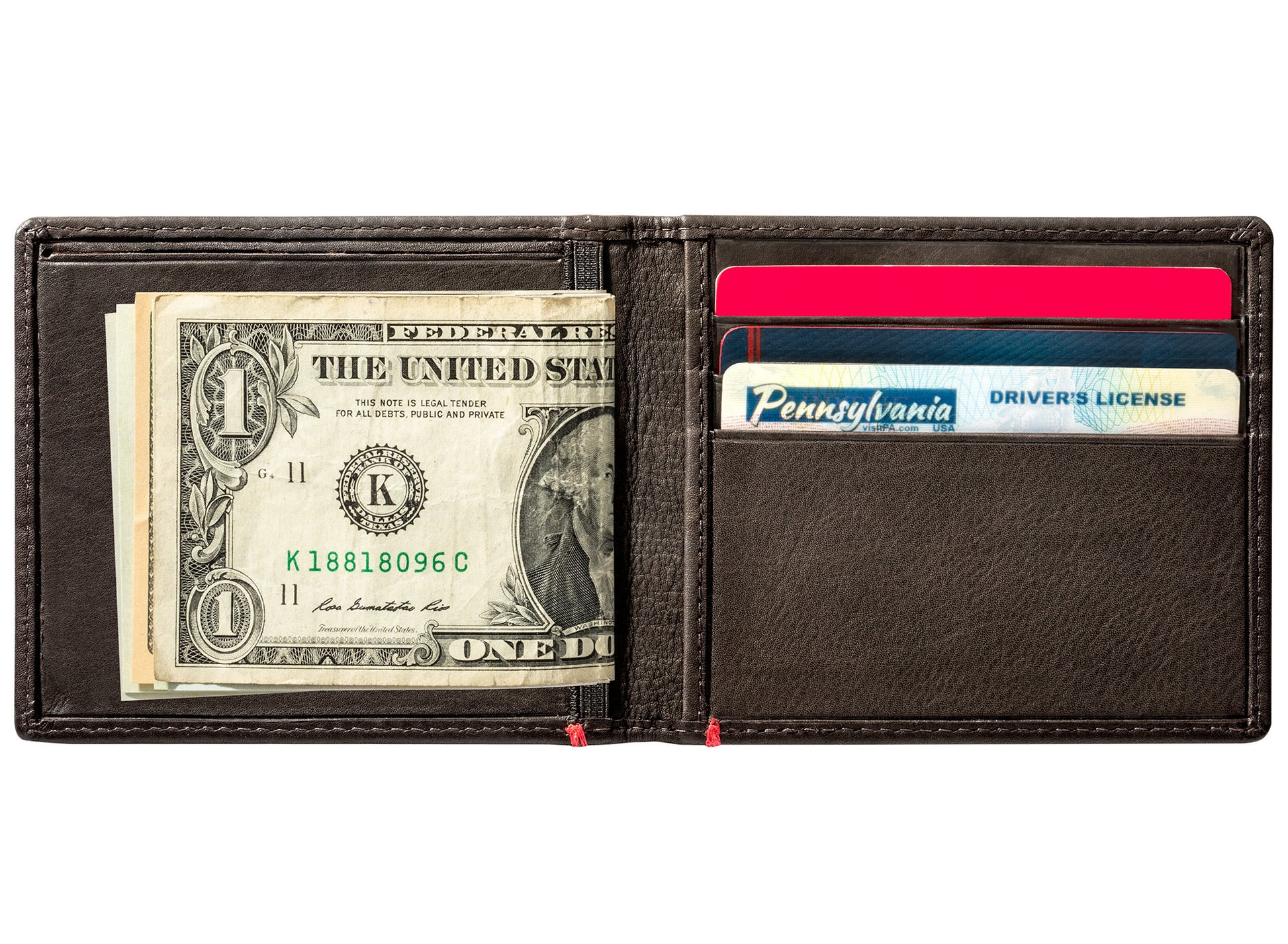 Mocha Leather Wallet With Skull Metal Plate cash strap inside full