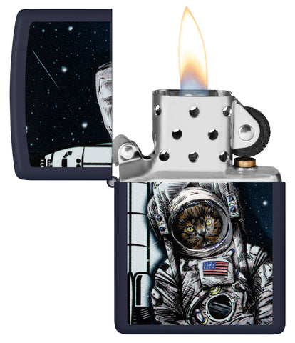 Zippo Space Kitten Navy Matte Windproof Lighter with its lid open and lit.