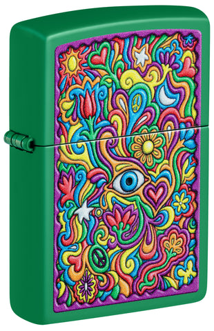 Front view of Zippo Trippy Design Grass Green Matte Windproof Lighter standing at a 3/4 angle.