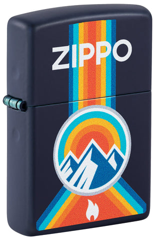 Front shot of Zippo Logo Mountain Outdoor Logo Navy Matte Windproof Lighter standing at a 3/4 angle.