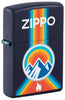 Front shot of Zippo Logo Mountain Outdoor Logo Navy Matte Windproof Lighter standing at a 3/4 angle.