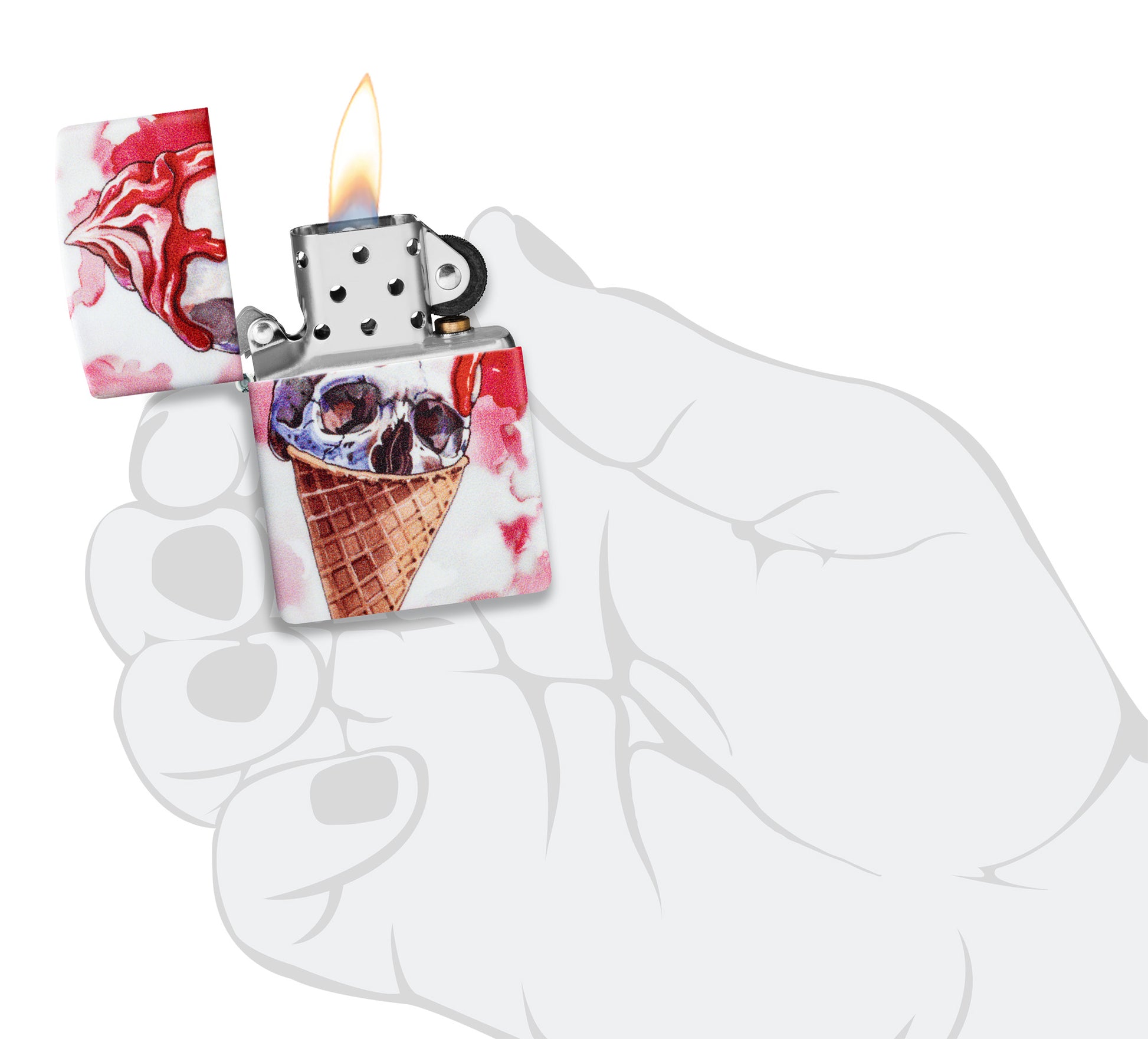 Zippo I Scream Cone Design 540 Matte Windproof Lighter lit in hand.