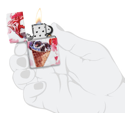 Zippo I Scream Cone Design 540 Matte Windproof Lighter lit in hand.