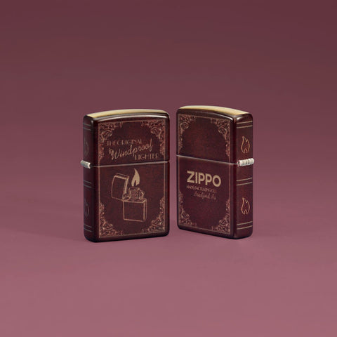 Lifestyle image of two Zippo Storybook 540 Matte Windproof Lighters on a medium purple ombre background.