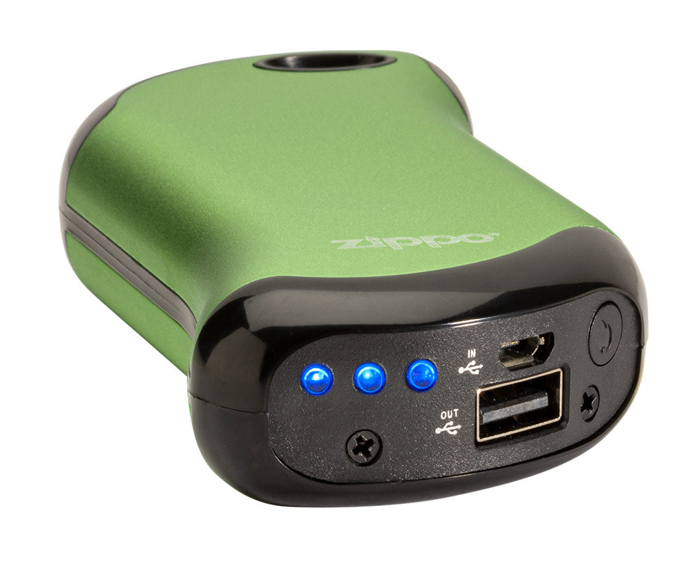 Green HeatBankÂ® 9s Rechargeable Gaming Hand Warmers laying flat showing lights and charger input/outputs and button