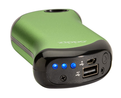 Green HeatBankÂ® 9s Rechargeable Gaming Hand Warmers laying flat showing lights and charger input/outputs and button