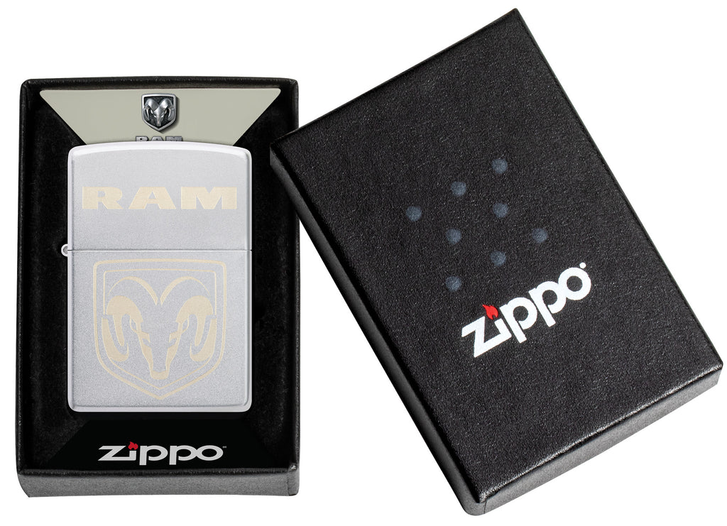 Zippo RAM Satin Chrome Windproof Lighter in its packaging.