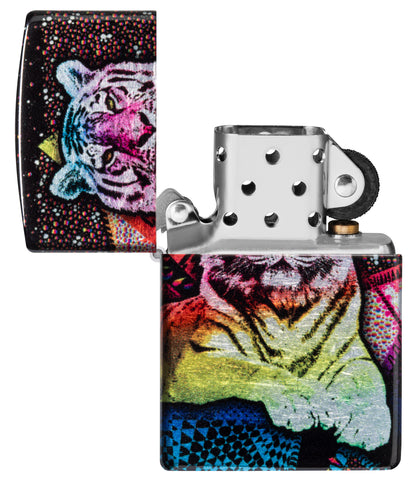 Zippo Tiger Glory 540 Tumbled Chrome Windproof Lighter with its lid open and unlit.