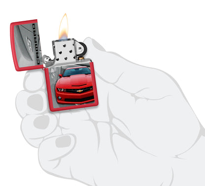 Zippo ChevroletÂ® Camaro Design Red Matte Windproof Lighter lit in hand.