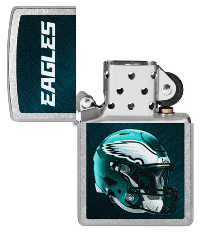 NFL Philadelphia Eagles Helmet Street Chrome Windproof Lighter with its lid open and unlit.