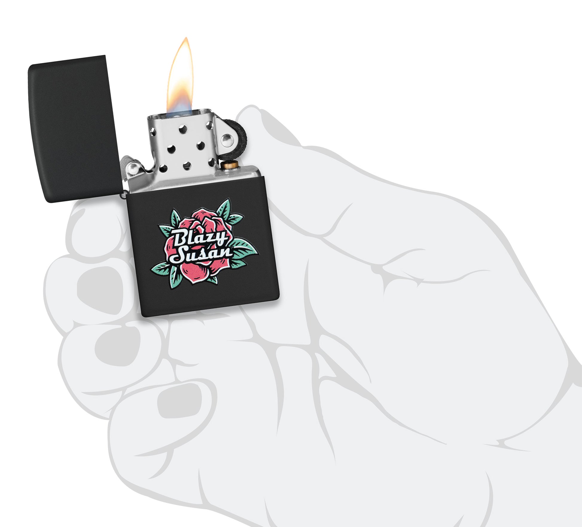 Zippo Blazy Susan™ Logo Design Black Matte Windproof Lighter lit in hand.