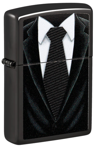 Front view of Black Tie Design Windproof Lighter standing at a 3/4 angle