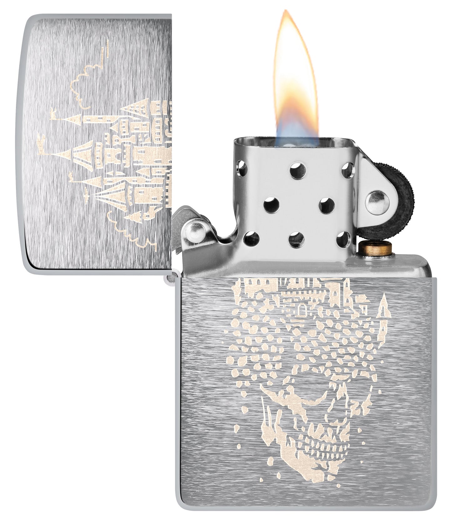 Zippo Skull Castle Design Brushed Chrome Windproof Lighter with its lid open and lit.