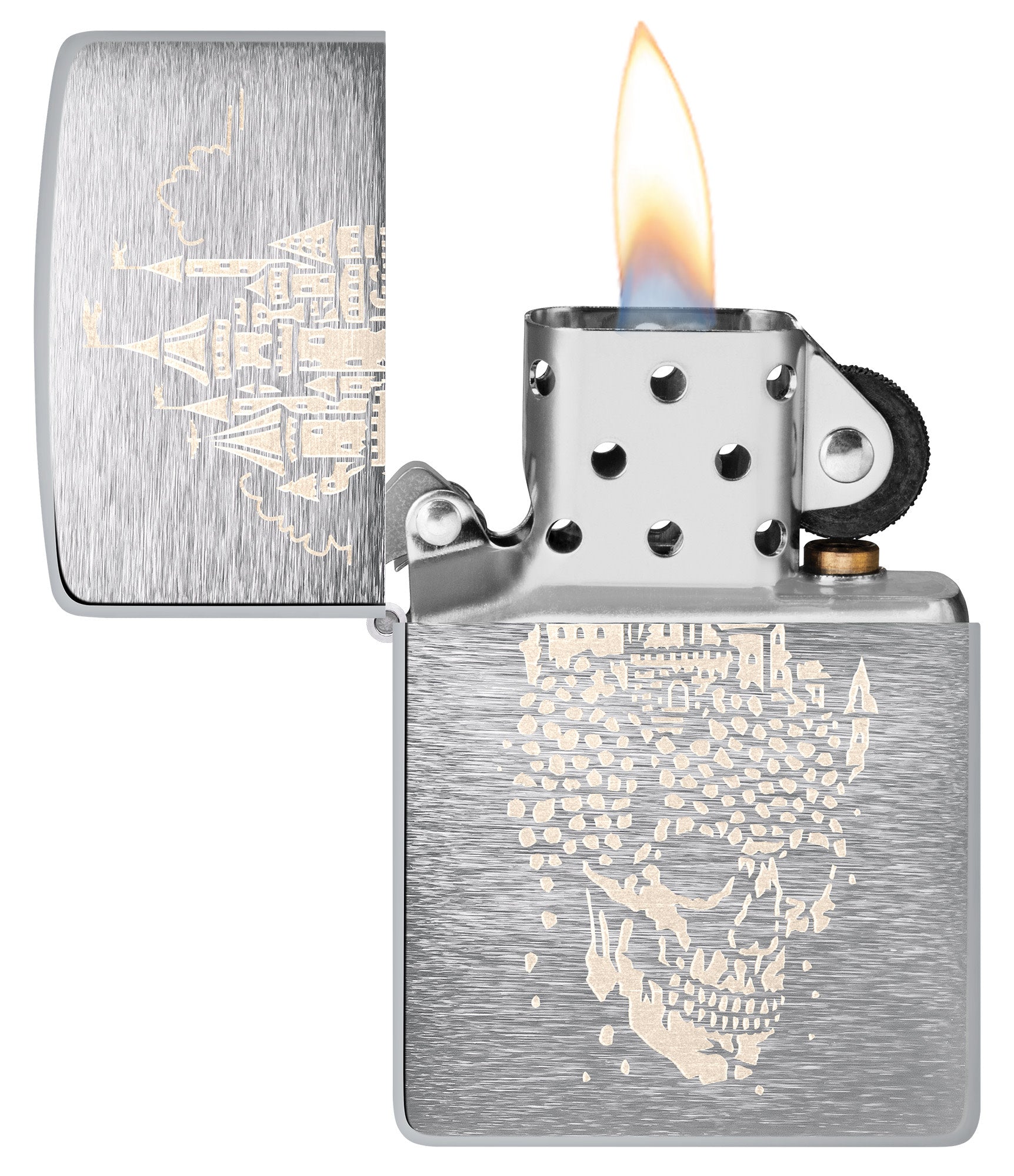 Zippo Skull Castle Design Brushed Chrome Windproof Lighter with its lid open and lit.