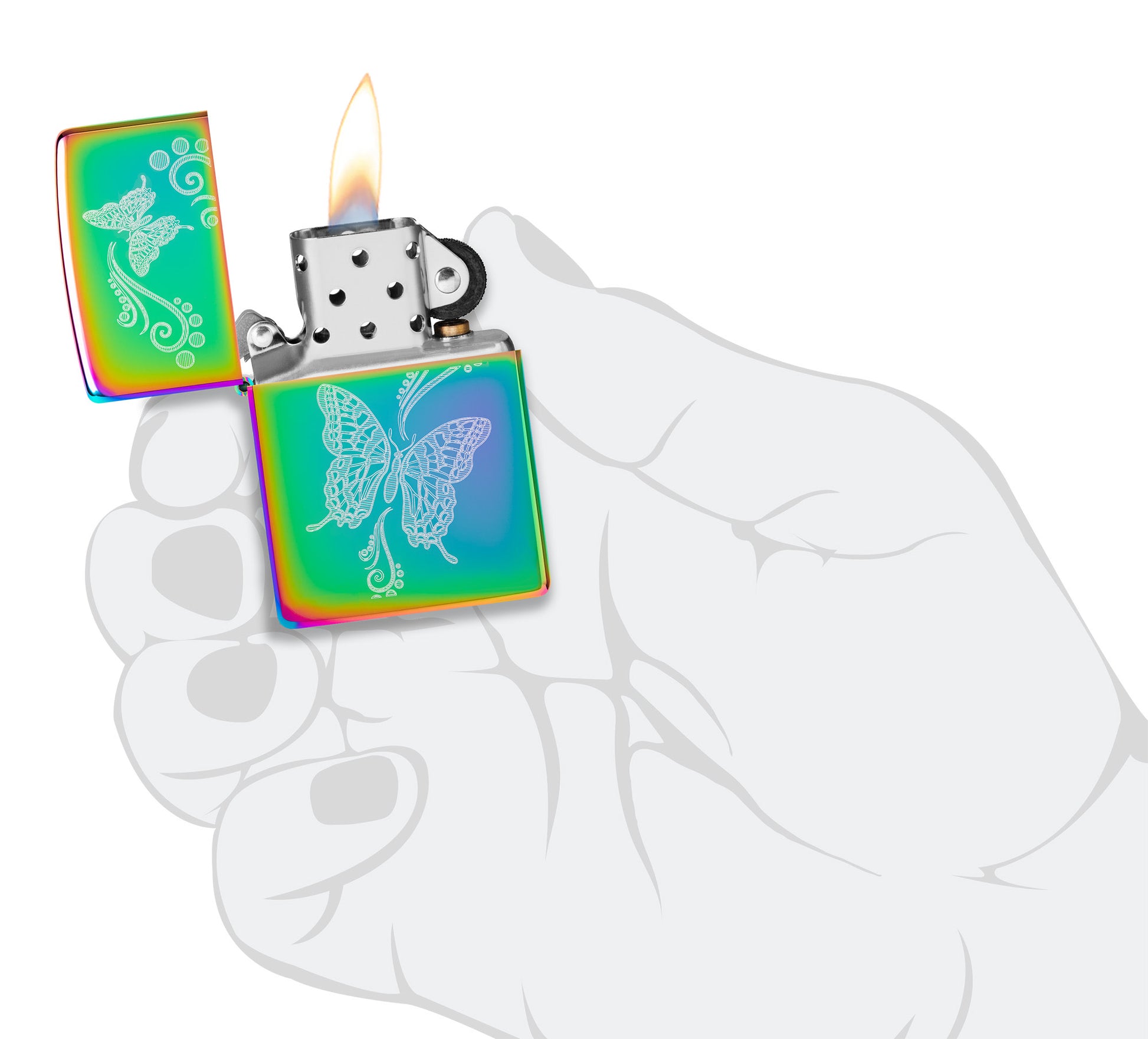 Zippo Butterfly Design Multi-Color Windproof Lighter lit in hand.