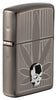 Angled shot of Zippo Cannabis Design Black Ice Windproof Lighter showing the front and hinge side.