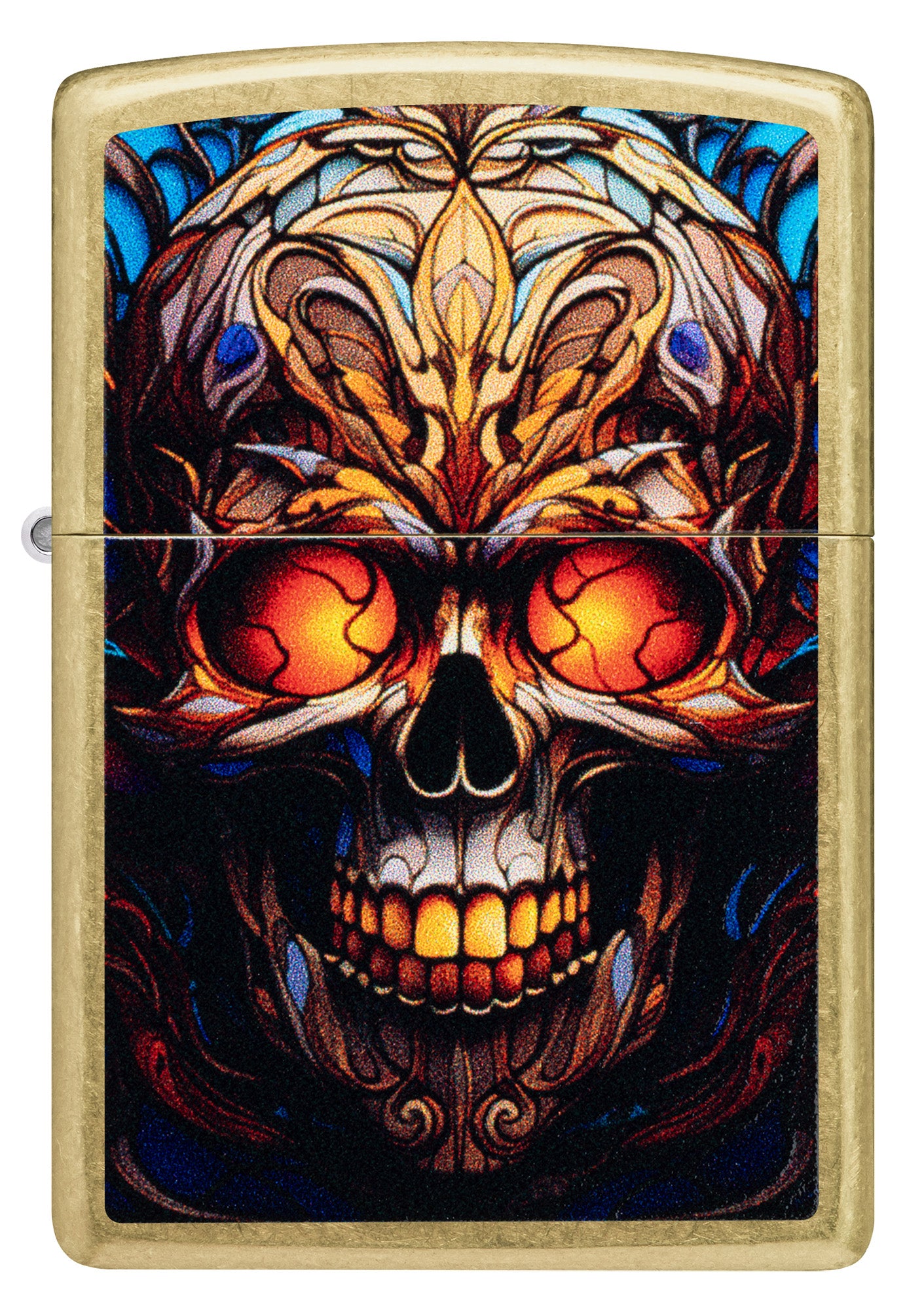 Front view of Zippo Stained Glass Skull Design Street Brass Windproof Lighter.