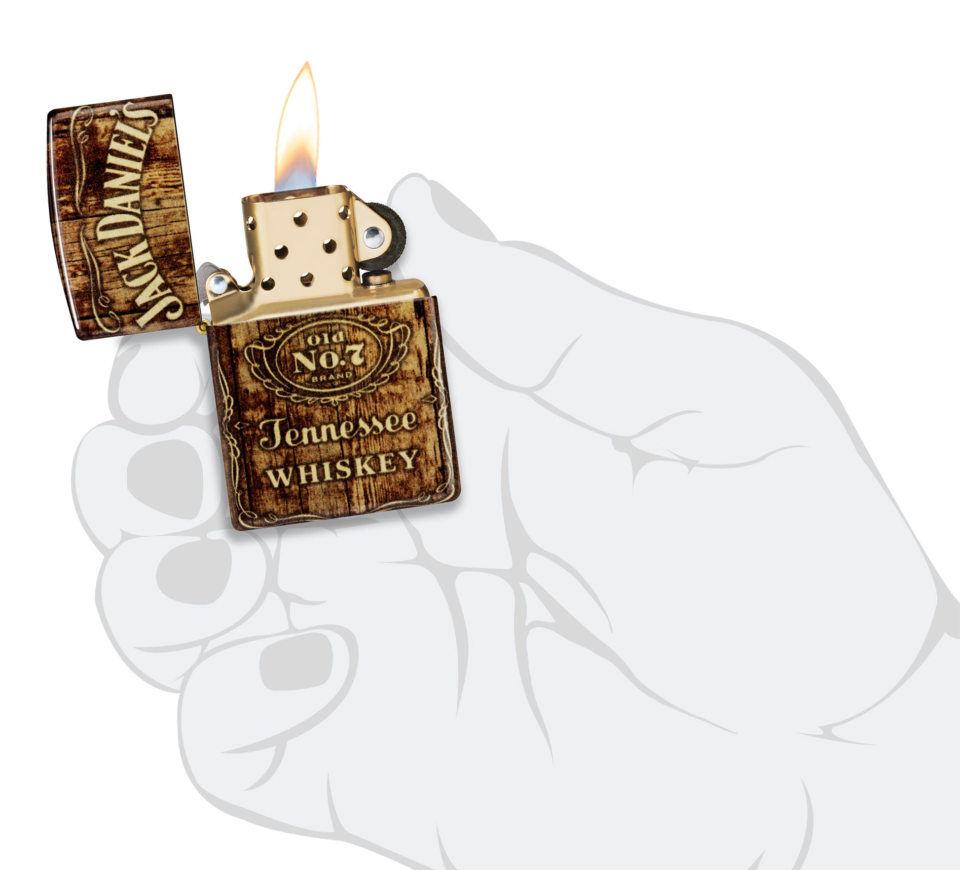 Zippo Jack Daniel'sÂ® Barrel Design 540 Tumbled Brass Windproof Lighter lit in hand.