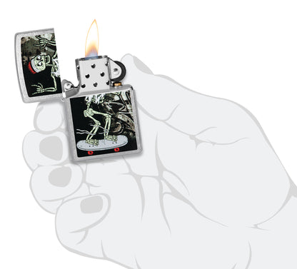 Zippo Skateboard Street Chrome Windproof Lighter lit in hand.