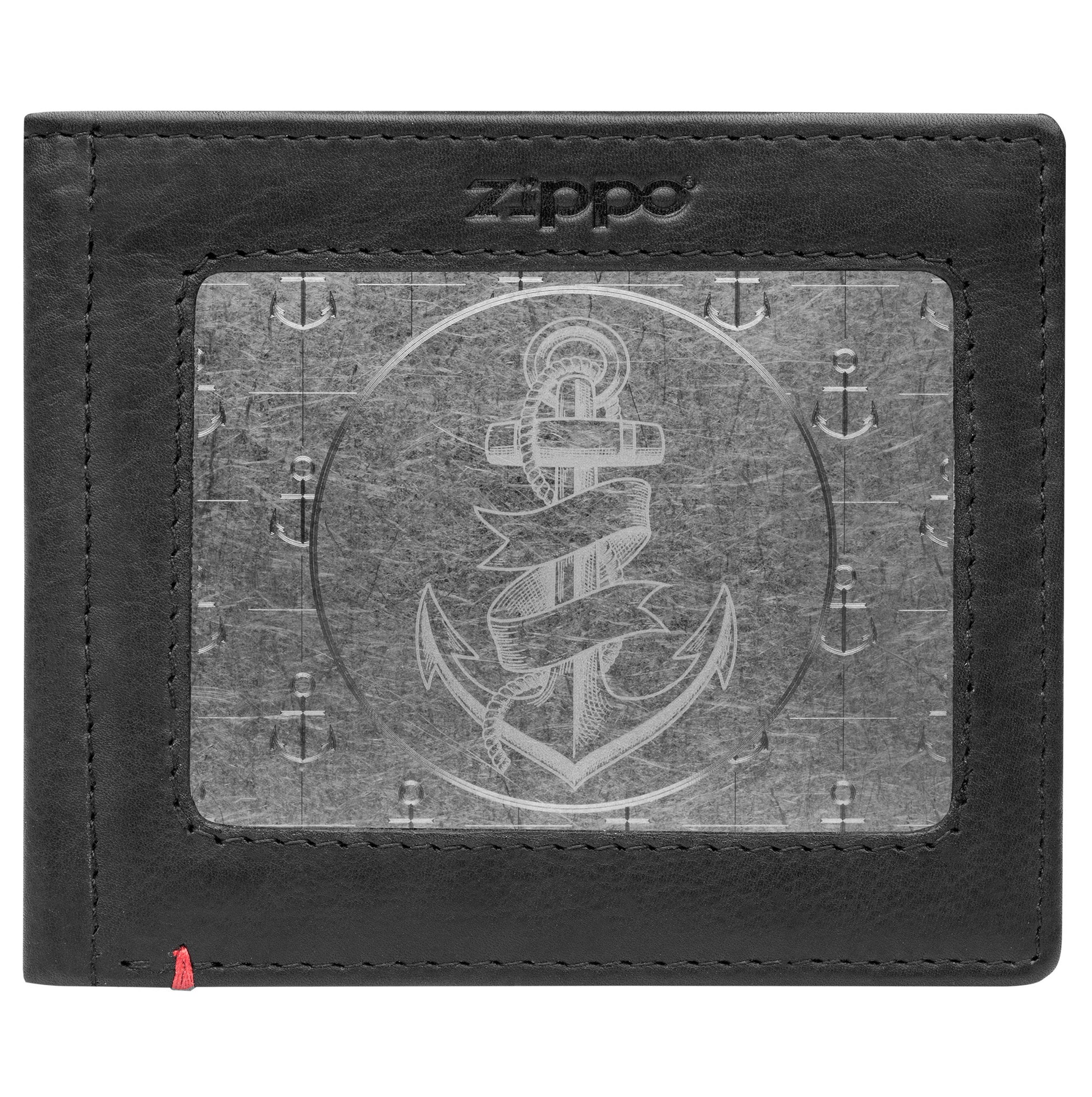 Front of black Leather Wallet With Anchor Metal Plate Design - ID Window