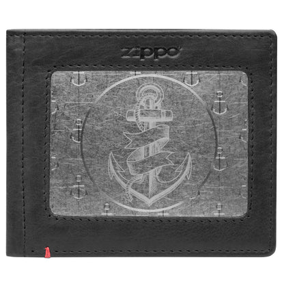 Front of black Leather Wallet With Anchor Metal Plate Design - ID Window